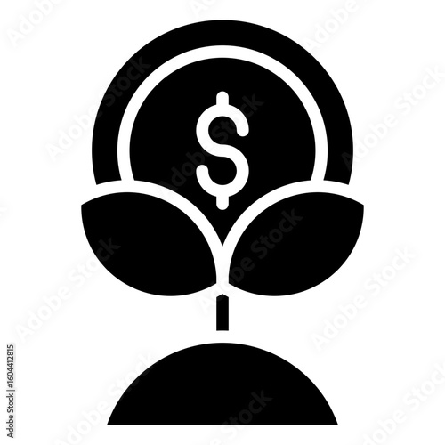 Financial Growth Glyph Black Silhouette Icon Vector Design - Plant with coin represents investment growth, savings cultivation, or economic development