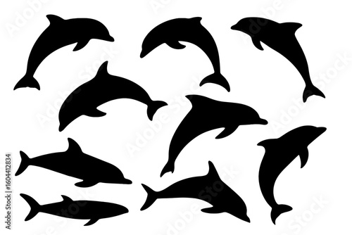 Dolphin silhouettes vector collection. Set of jumping and swimming sea animals. Marine wildlife graphic design elements. Black isolated ocean mammal icons for logo or symbol.