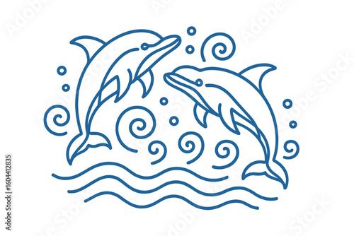 Two dolphins jumping in sea waves, a minimal line art logo. Marine animal couple symbol. Ocean wildlife vector illustration. Hand drawn aquatic sketch icon for summer travel.