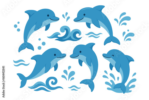 Blue Dolphin Cartoon Vector Set, Playful Dolphins Jumping and Swimming, Ocean Splash Elements, Cute Sea Animals Illustration, Marine Mammal Design Clipart for Kids, Transparent Background