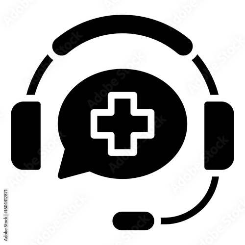 Medical Support Glyph Black Silhouette Icon Vector Design - Headset with cross, representing medical customer support, health call center, or helpline