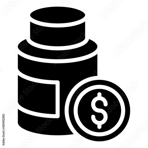 Medicine Cost Glyph Black Silhouette Icon Vector Design - Medication bottle with coin symbol, representing drug price, cost, or financial aspect in pharmacy