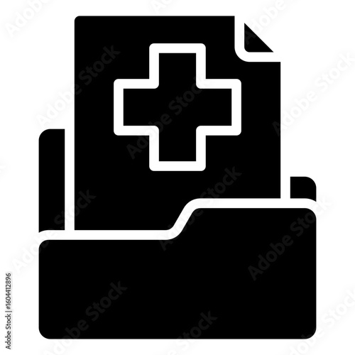 Medical Records Glyph Black Silhouette Icon Vector Design - Folder containing medical documents with a cross, representing health records or patient information