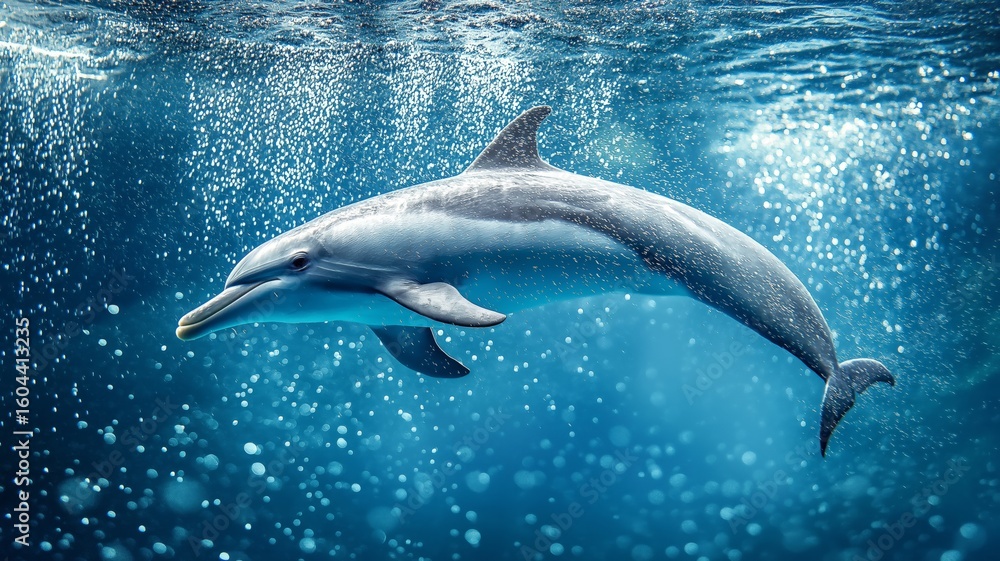 Obraz premium A dolphin glides through clear blue water, displaying agility and grace while sunlight filters down.