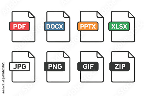 Essential Modern File Format Icon Set Vector Illustration – PDF, DOCX, PPTX, XLSX, JPG, PNG, GIF, ZIP – Digital Document, Presentation, Spreadsheet, Image, Archive Icons Collection