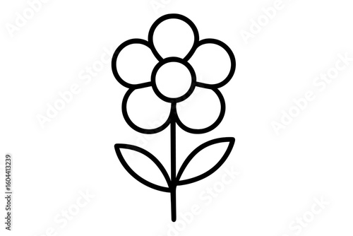 Minimalist daisy five petal flower icon, elegant black line art outline vector, botanical blossom with stem leaves, transparent background isolated, floral graphic element for web