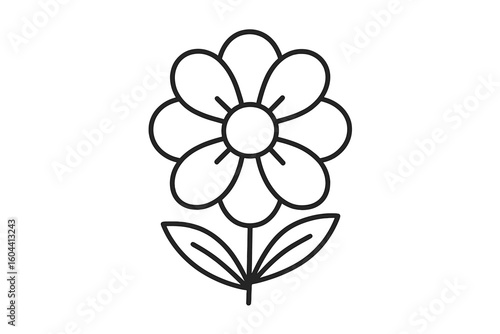 Simple daisy flower outline icon. Floral blossom with petals, stem and leaves. Clean black line art stroke illustration. Botanical spring symbol, isolated on white, vector.