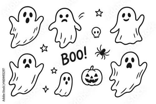 Set of cute and spooky Halloween ghost illustrations. Hand drawn doodle clipart with scary pumpkin, spider and skull. Vector character design elements for holiday decoration.