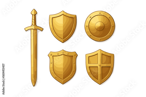 Golden shield and sword icon set. Medieval knight weapon and armor elements for game design. Fantasy battle heraldry vector. Royal protection and security symbol.