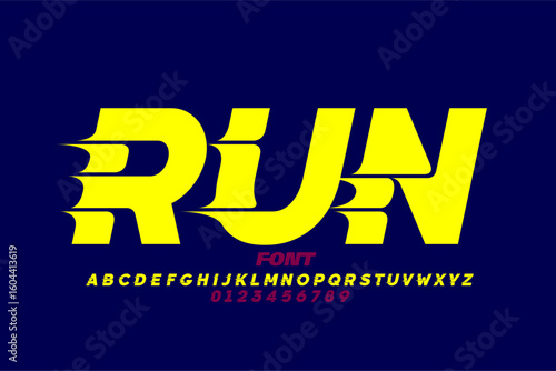 RUN. Sport style font design, alphabet letters and numbers vector illustration