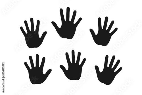 Black Silhouette Handprints Vector Illustration Set, Isolated on White Background, Collection of Palm Prints, Human Hands Icons, Creative Design Elements, Transparent for Overlay and Stencils