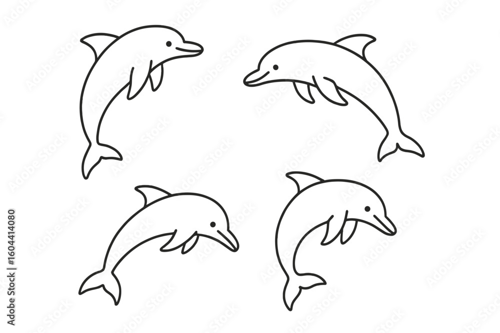 Naklejka premium Dolphin line art vector set. Cute cartoon marine animal characters. Playful ocean wildlife icon collection. Simple minimalist outline graphic illustration for logo design.