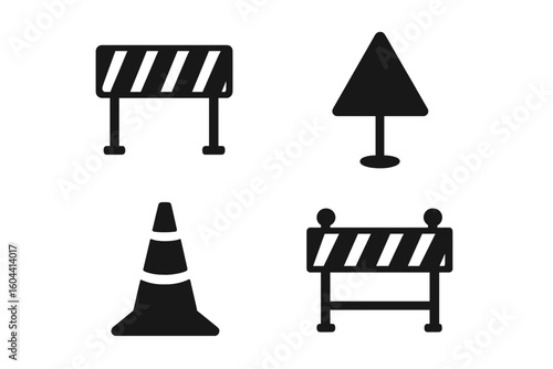 Construction Zone Safety Sign Black Silhouette Set. Traffic Barrier, Road Cone, Warning Sign, Blocked Road Symbol. Vector Illustration on Transparent Background for Roadwork, Detour, Safety Concepts