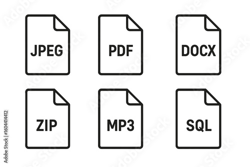 File type vector icon set. Collection of common file format extensions. Includes JPEG, PDF, DOCX, ZIP, MP3, SQL. Outline symbols for web, programming, data and documents.