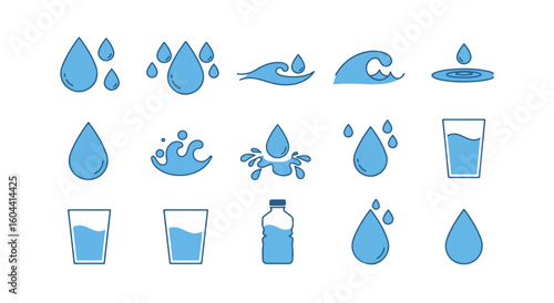Water icon pack, liquid and drink icon set, droplets, waves, and water glass icons
