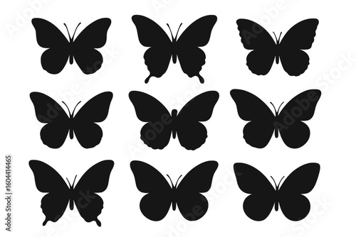 Butterfly silhouette vector icon set. Black isolated graphic design shapes. Flying insect collection. Perfect for logo, tattoo stencil, decal, laser cut, or spring decoration.