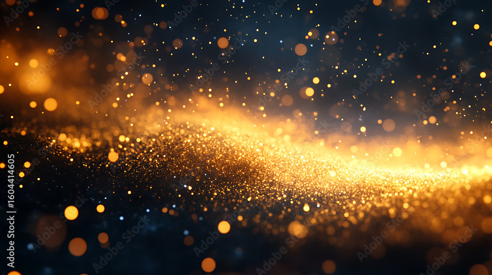 Fototapeta premium Golden dust particles floating gently in dark space create magical glowing wave with warm light and sparkling bokeh effect