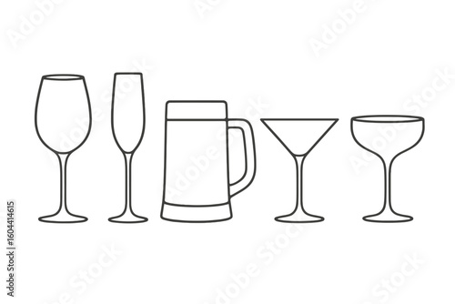 Minimalist line art drinkware set illustration – wine glass, champagne flute, beer mug, martini and coupe cocktail glasses silhouette, elegant barware vector isolated on transparent background