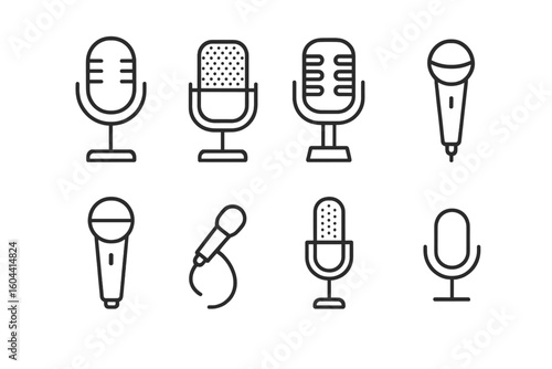 Line art microphone icon bundle with diverse modern styles on stands and handheld, podcast recording broadcast voiceover music sound equipment symbols vector illustration