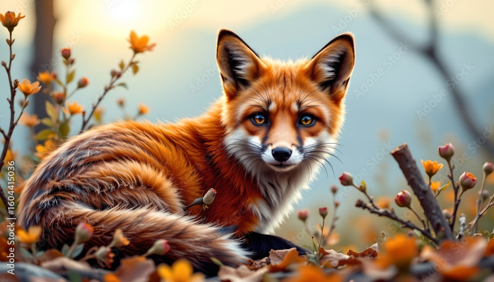 Fototapeta premium in this image, there is a single red fox standing in a field of autumn leaves. the fox has striking blue eyes and is facing towards the left side of the image