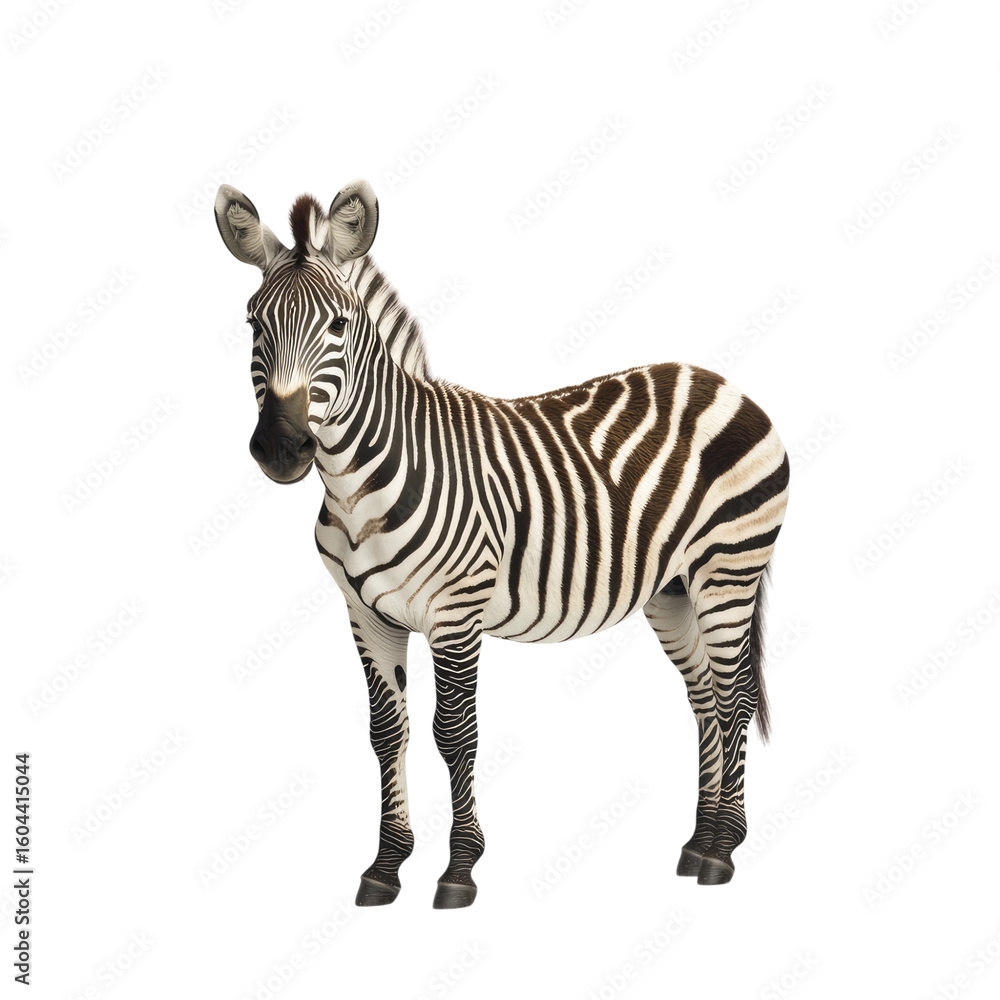 Fototapeta premium A zebra standing on a white background, with no shadows or text in the picture. transparent, alpha background png