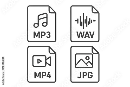 Media file format line icon set. MP3, MP4, WAV, JPG document icons. Audio, video, and image file type symbols. Vector illustration for web, app, UI, and UX design.