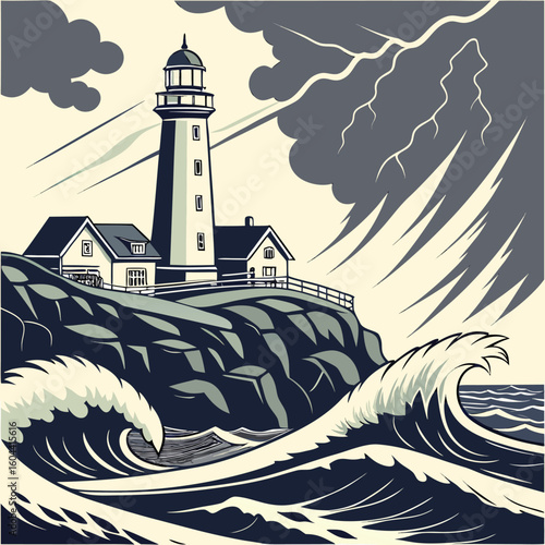A vector image shows a lighthouse and adjacent building on a rocky outcrop during a storm.