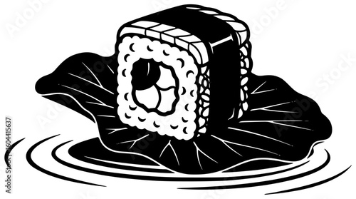 Black Silhouette Vector Icon Logo Illustration of Sushi Glowing Under Bioluminescent Light Floating on Bamboo Plate Unraveling Dragon with Laser Chopsticks in Misty Pond and Soy Sauce