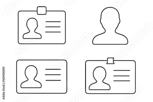Minimalist ID card and badge icon set with outline user silhouette avatars, identification pass templates, name tag designs, simple line style vector illustration on transparent