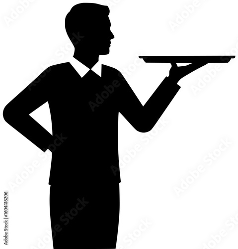Black Silhouette Vector Icon Logo Illustration of Waiter Skating Balancing Flaming Plates in Circus Diner with Floating Tables Talking Animals and Holographic Restaurant in Magical Motion Scene