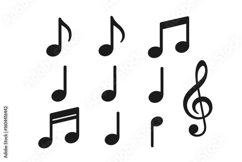 Music notes and treble clef black silhouette icons set isolated on transparent background, melody notation symbols vector illustration for sheet music, score, audio logo design