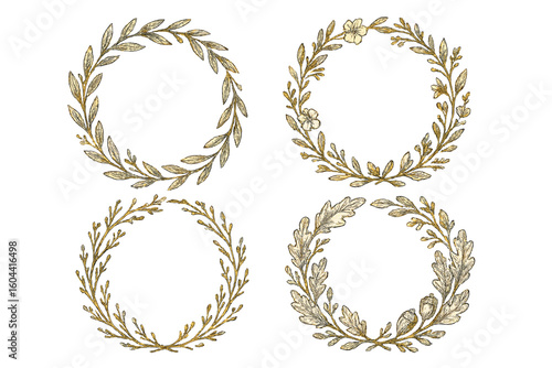 Vintage hand drawn botanical laurel wreath collection, floral oak leaf olive branch circle frames, rustic foliage emblem vector isolated on transparent background for wedding design