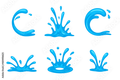 Dynamic water splash vector illustrations set. Aqua liquid drops, waves and ripples in various shapes. Fresh clean water motion elements. Blue fluid flow cartoon icons.