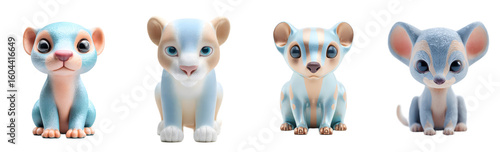 Pack of cute cartoon lion cubs sit. Adorable plush, pastel tones, big eyes, animal figurines, charming, cartoon, sweet, fantasy.