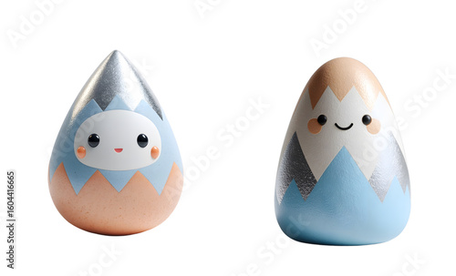 Pack of cute mountain-shaped figurines pose. Adorable, cartoon, pastel, smiling, fun, happy, art, kawaii, playful, creative, characters.