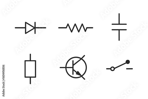 Electronic circuit symbols set with diode, resistor, capacitor, transistor, and switch. Vector icons for technical design, electrical diagrams, and engineering schematics.