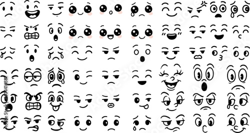 Cartoon Face Reactions Stroke Icon Collection. Includes Emotions, Expressions, Moods, Eyes, and Mouths. Editable Outline Vector Set.