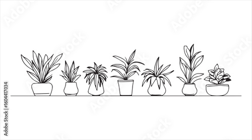 A seamless line drawing of house plants in pots. Succulents and beautiful blooms for an apartment in a simple linear aesthetic. Editable stroke vector illustration