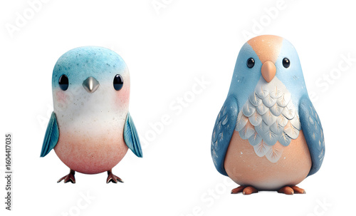 Pack of cute bird figurines. Cartoon, animal, blue, peach, plush, sweet, adorable, kawaii, happy, playful