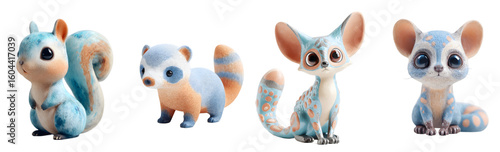 Pack of cute cartoon animals with blue and orange. Adorable, whimsical, happy, cartoon, plush, mascot, animal.
