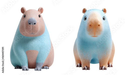 Two cute capybara cartoon figurines sit. Soft pastel, animal, adorable, funny, plush, kawaii, playful, friendly, colorful, cheerful