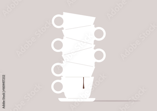 Stacked coffee cups hint at a growing habit — a quiet reminder of one too many refills in the daily coffee routine