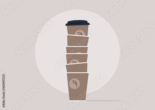 Stacked coffee cups hint at a growing habit — a quiet reminder of one too many refills in the daily coffee routine