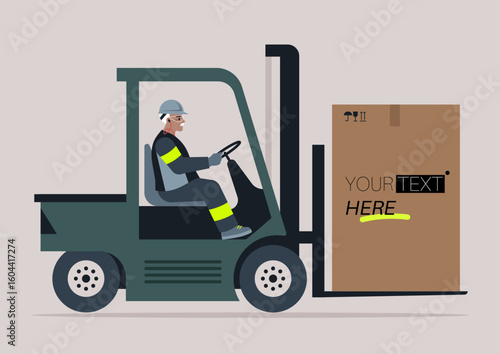 Your text here template, Engaging in daily operations, a forklift operator expertly navigates to transport goods in a busy warehouse while maintaining safety protocols during delivery tasks