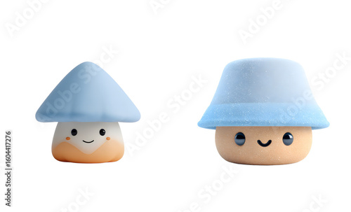 Pack of cute mushroom cartoon figurines. Adorable plush, digital art, kawaii style, sweet, cartoon, playful, happy, cheerful, gentle, soft