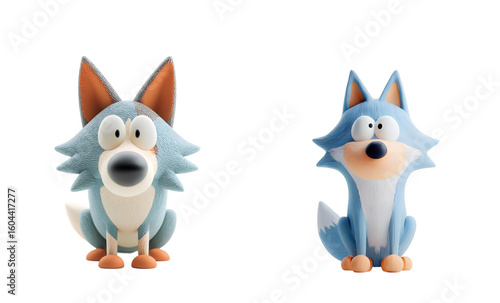 Pack of cute cartoon wolves sit.  Adorable mascots, animal figurines, playful, happy, blue, cartoon, kawaii, 3d rendering, digital art.