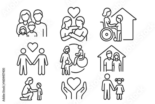 Family relationship line icon set showing love, parenting, and couples. Vector pictograms of children, home, care, happiness, unity, and community with disability inclusion.