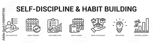 SelfDiscipline and Habit Building Modern and clean web banner illustration featuring thematic icons for visual communication