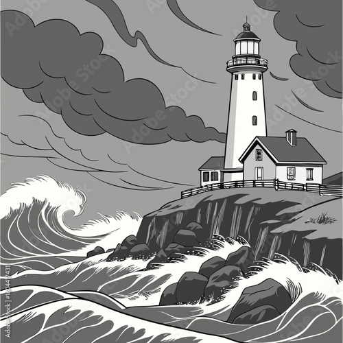 A vector image shows a lighthouse and adjacent building on a rocky outcrop during a storm.