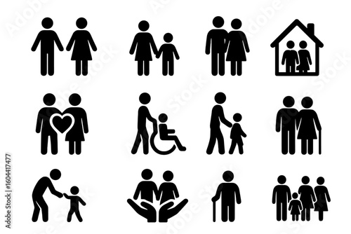 Family people icon set. Black silhouette pictograms of parents, children, couples, disabled person. Vector icons for love, home, parenting, relationships, community.